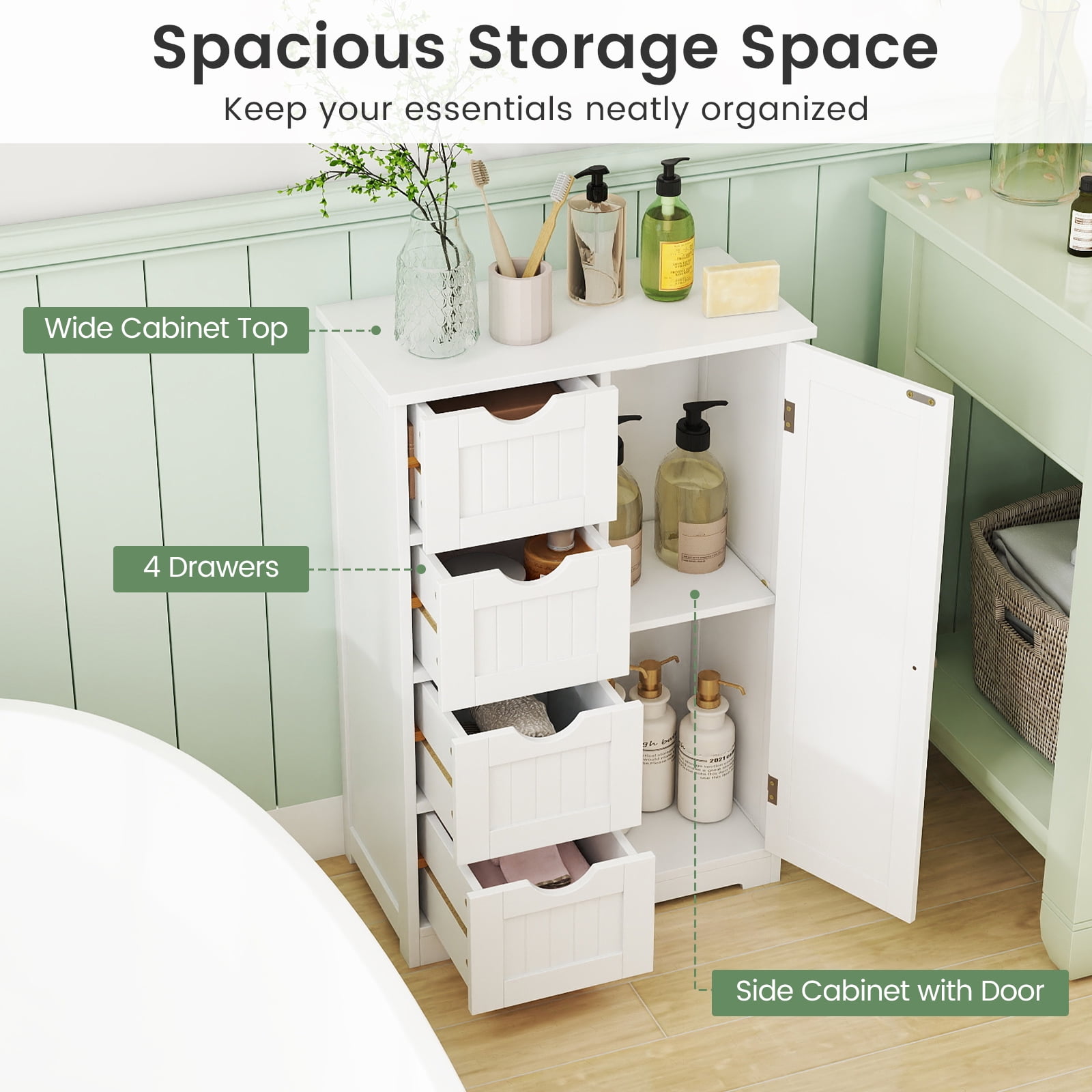 Gymax Bathroom Floor Storage Cabinet Wooden Freestanding Bathroom Storage Unit w/ 1 Door & 4 Drawers