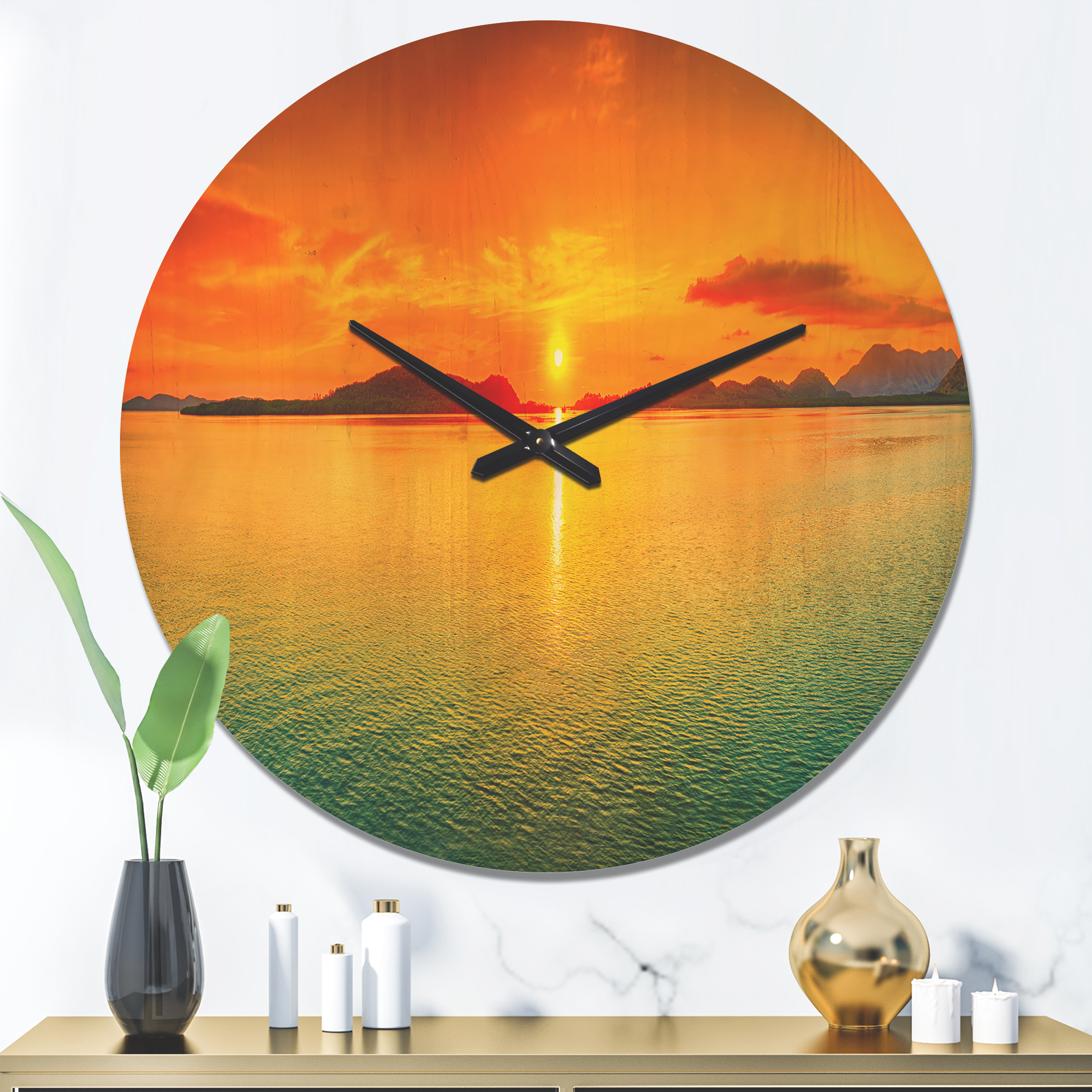 Designart 'Panorama Yellow Sunset ' Modern Wood Wall Clock