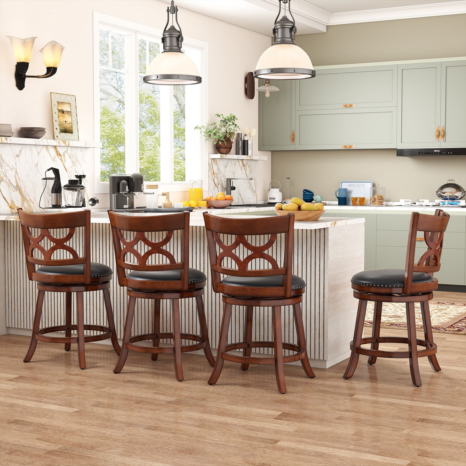 Gymax 26'' Counter Height Bar Stools Set of 4 w/Rubber Wood Frame Upholstered Seat