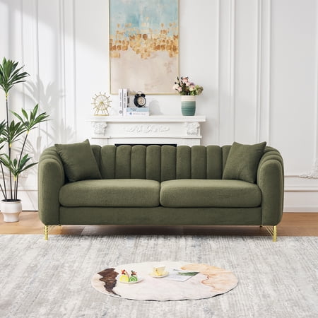 85" Oversized Chenille Sofa,Luxury 3 Seater Deep Couch,Modern Tufted Couch, Gold Metal Legs Sofa for Living Room, Bedroom, Apartment (Green)