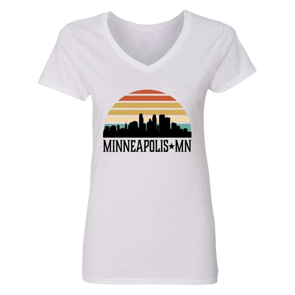 Inktastic Minneapolis Minnesota Skyline Retro Sunset Women's V-Neck T-Shirt