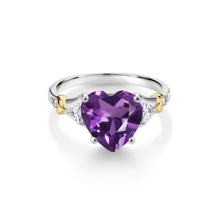 Gem Stone King 925 Silver and 10K Yellow Gold Purple Amethyst and White  Moissanite and White Diamond Engagement Ring For Women | 3.49 Cttw | Heart 