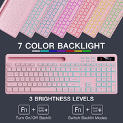 Wireless Keyboard with 7-Color RGB Backlit, Marvo Full-Size Computer Keyboard with Phone Tablet Holder, Rechargeable 2.4G Wireless Gaming Keyboard with Light Up Keys, Compatible with Mac,Window, Pink