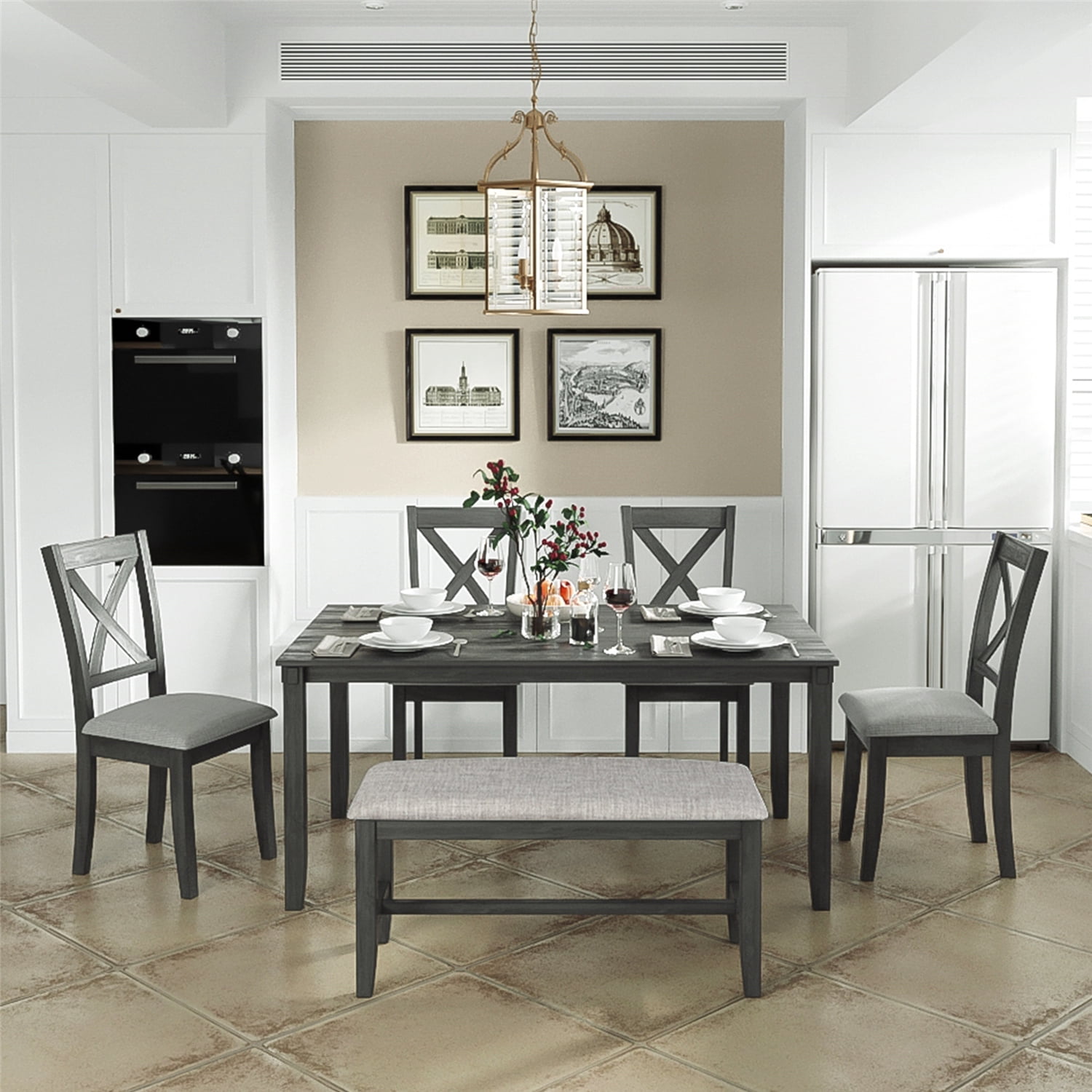 6 Piece Dining Table Set w/ Wood Rectangular Table, 4 Chairs with ...