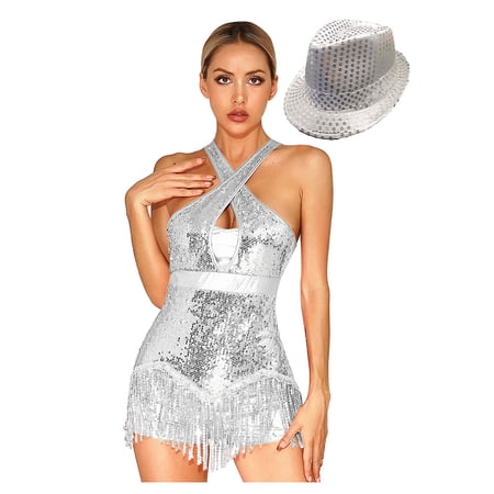 Yhong Women Sequins Tassel Latin Dance Dress Sleeveless Fringed Skirted Leotard with Hat Salsa Tango Silver XXL