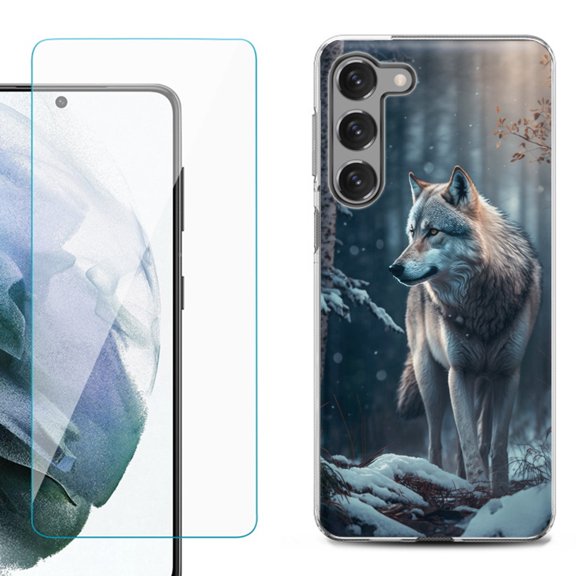Shockproof Fashion Phone Case for Samsung Galaxy S23 5G, with Tempered Glass Screen Protector, by OneToughShield ® - Wolf Winter