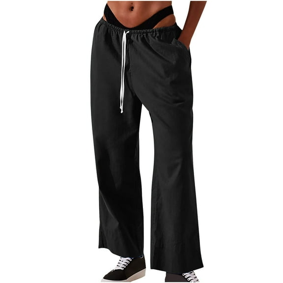 Lenpel Wide Leg Pants for Women Elastic High Waisted Drawstring Cotton Linen Pants Casual Palazzo Trousers with Pockets