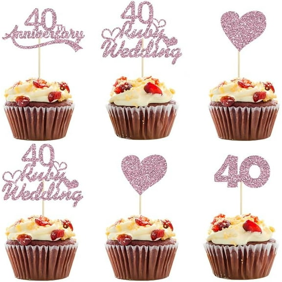 12pcs 40 Ruby Wedding Cupcake Toppers Pink Glitter Heart 40th Anniversary Wedding Anniversary Cake Decoration for Cheers to 40 Years Cake Decorations Party Supplies