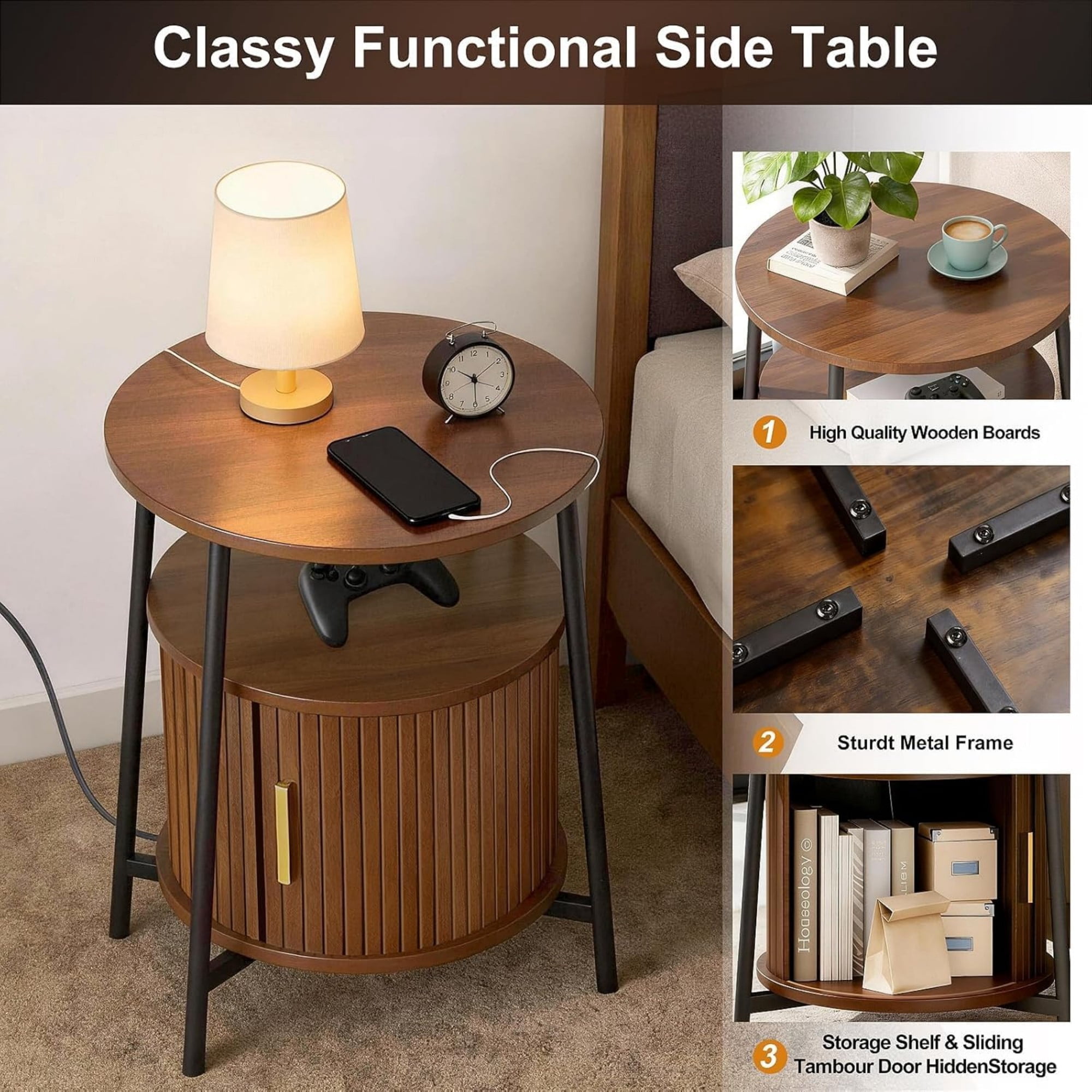 Round End Table with Charging Station, Fluted Side Table with Sliding Door, Mid Century Modern Nightstand for Bedroom & Living Room, Walnut