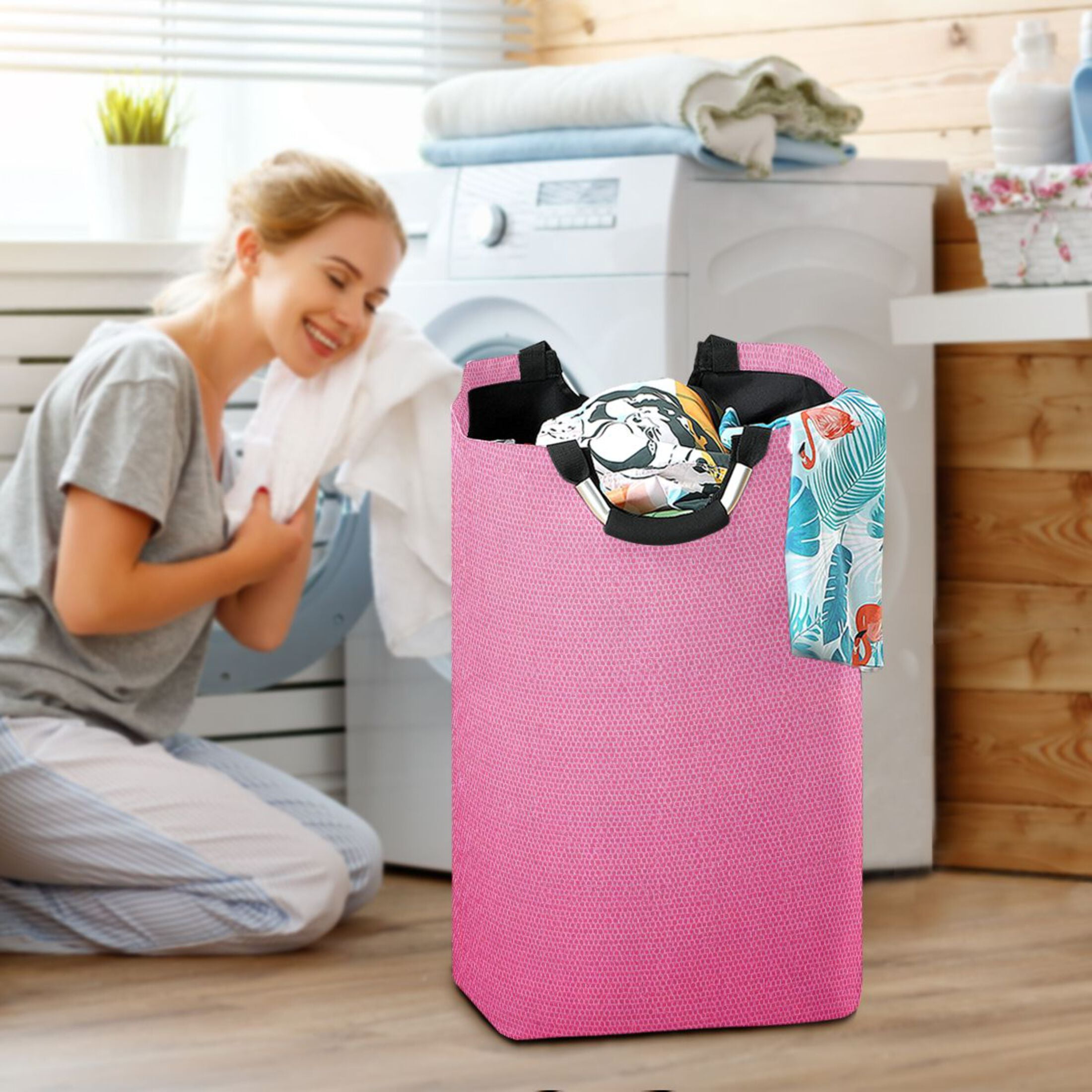 Gradient Pink Fabric Texture Laundry Basket with Handles Foldable Laundry Hamper Freestanding Washing Bin 50L