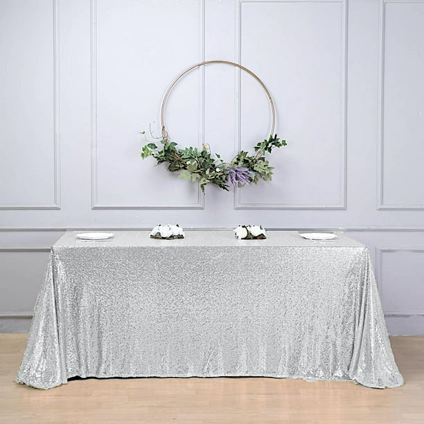 Balsacircle Silver 90x156 Sequin Rectangular Tablecloth Party Wedding Reception Catering Dining Home Table Linens Com Party Wedding Reception Catering Dining, Rectangle Tablecloth On Round Table