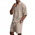 thumbnail image 3 of Havenx Men's Polo Shirt and Shorts Set Waffle Knit Short Sleeve Shirt and Shorts Set with Pockets 1/4 Zip Textured Tracksuits Set Fashion Vacation Beach Summer Athletic Clothes,Khaki 2XL, 3 of 7