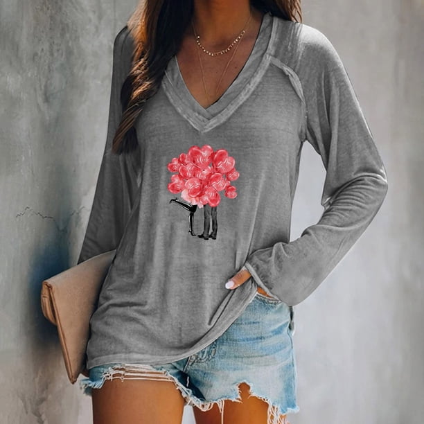 Ichuanyi Liquidación Mujeres Fashion Investment Lo suelto Valentín Impresión de la manga completa V BLUSEL ICHUANYI WER202308243491