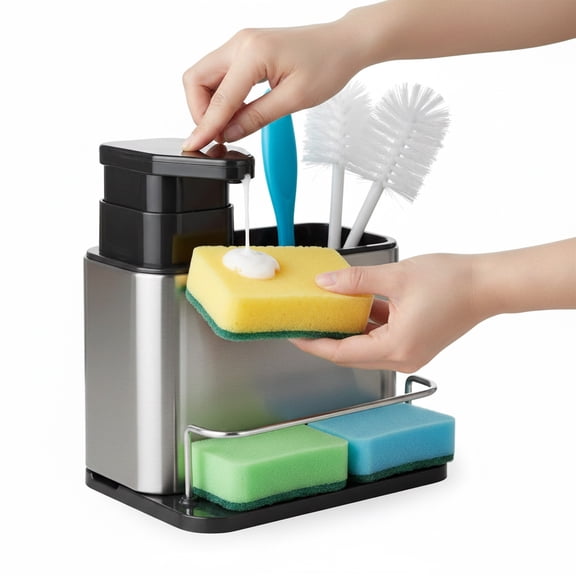 Dish Soap Dispenser, 3-in-1 Sponge Holder for Kitchen Sink Caddy, Stainless Steel Kitchen Sink Organizer Tray Drainer Rack, Rustproof Dish Soap Dispenser Brush Holder Countertop