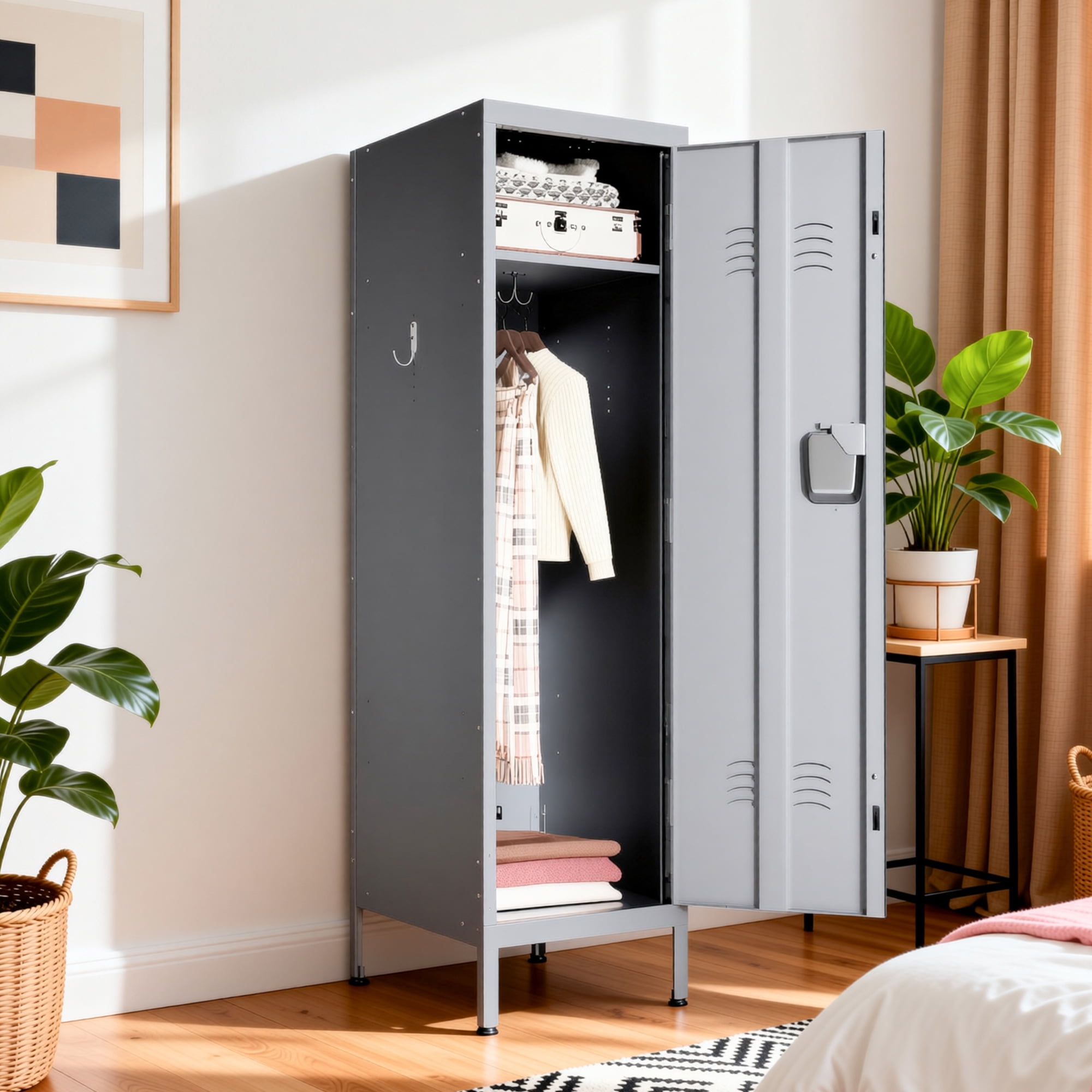 HOQBN 55" Tall Metal Wardrobe Cabinet,Waterproof Steel Clothing Storage Locker with Ventilated Door,Lock & Side Hooks,Vertical Bedroom Wardrobe for Small Apartment Home Office,Gray