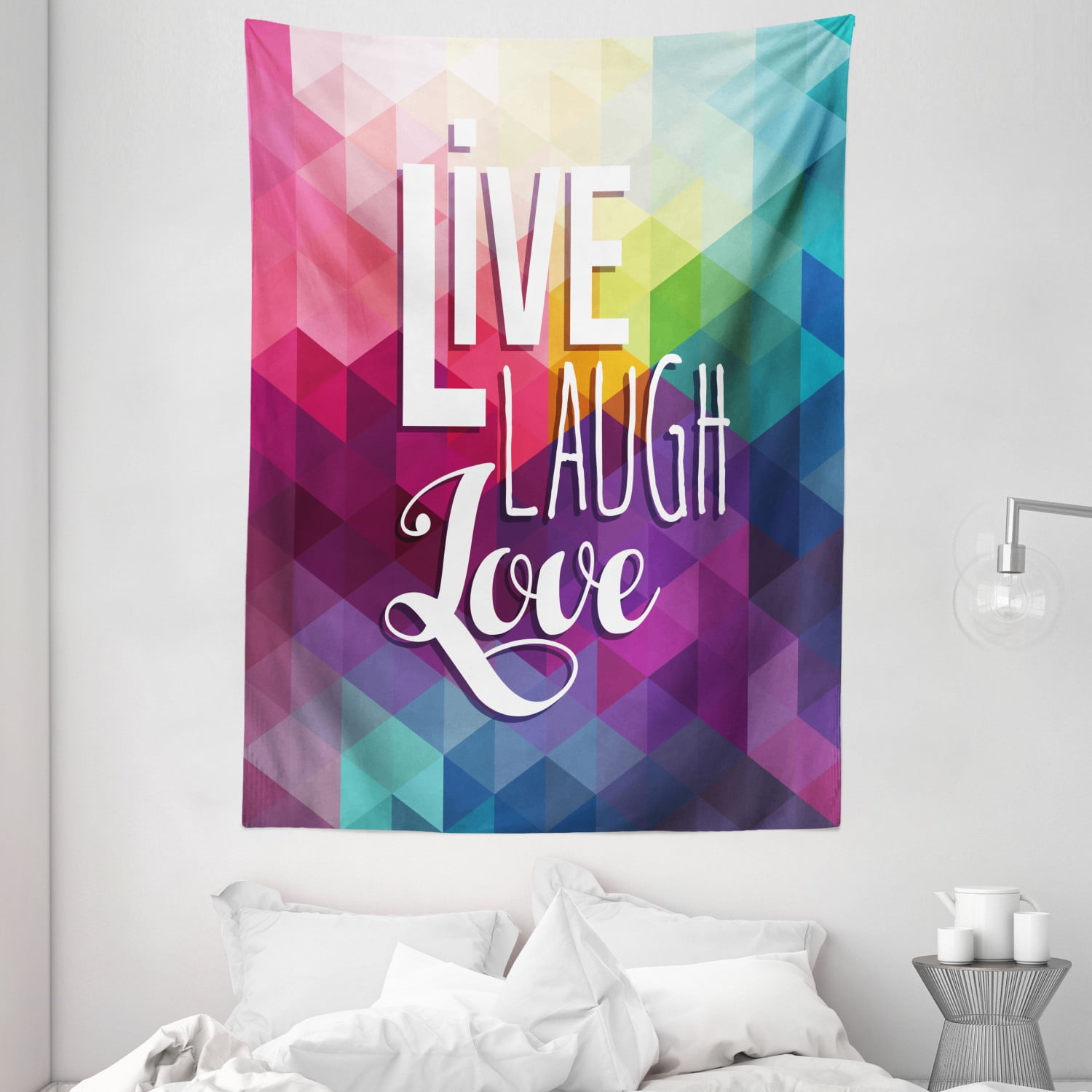 Live Laugh Love Tapestry, Geometric Colorful Backdrop with Polygonal ...