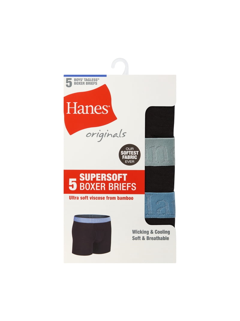 Hanes Originals Boys' SuperSoft Boxer Brief Underwear, Black, 5