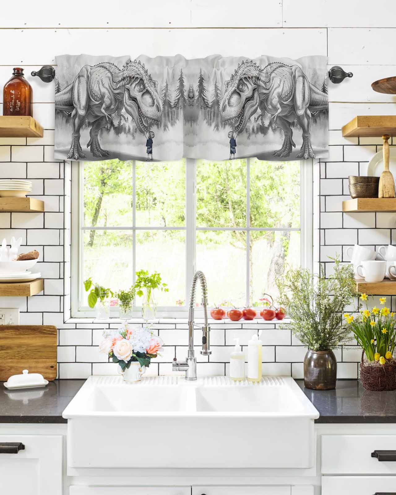 nqOlkjepod Dinosaurs Boy Farmhouse Short Window Curtain Valances, Gray Funny Cartoon Forest Animals Rod Pocket Kitchen Valances for Living Room Bedroom Bathroom Cafe, 1 Panel - 60" x 18"