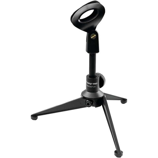 Soporte de Micrófono de Escritorio Pyle, Trípode Metálico Resistente, Altura Ajustable de 12 a 22 cm, Soporta hasta 2.3 kg, Ideal para Podcasts y Oficina