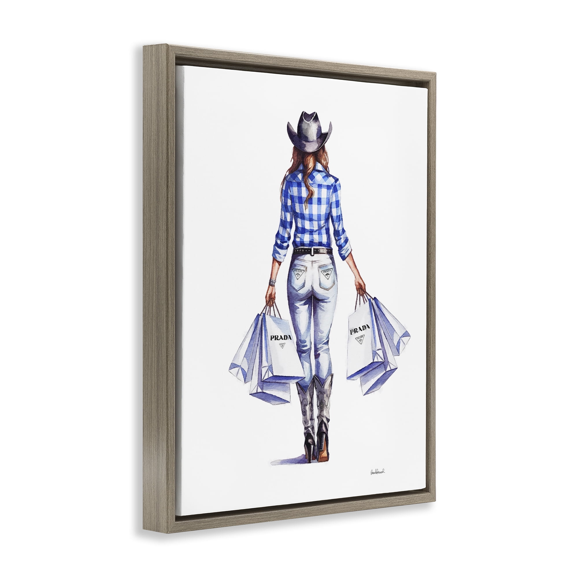 Stupell Industries Chic Cowgirl & Shopping Bags People Painting Brown Floater Framed Canvas Art Print Wall Art, 25 x 31