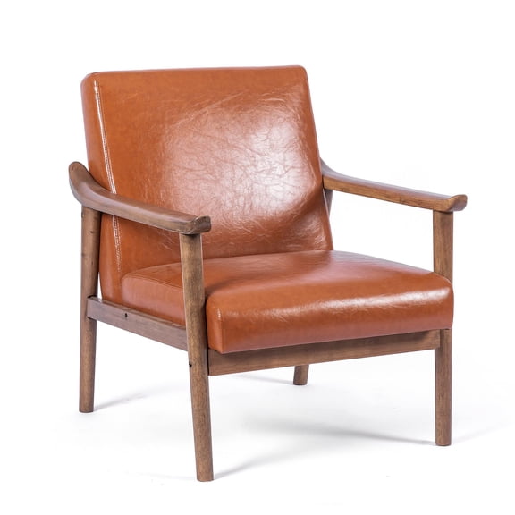 UNICOO® PU Leather Accent Chair Armchair with Solid Wood Frame. Mid Century Modern Reading Arm Chair Sofa Chairs for Living Room Bedroom (U2120-Brown)