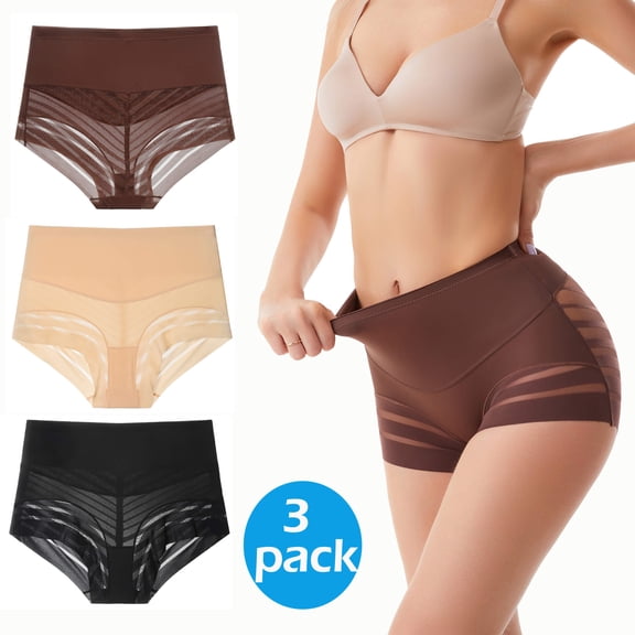 MANIFIQUE 3 Packs Shapewear Tummy Control Panties for Women Seamless Stripe Lace Body Shaper Underwear Slim Panty