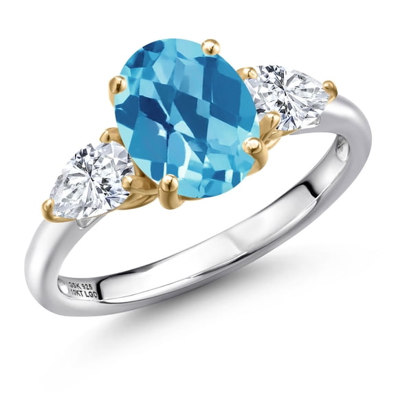 Gem Stone King 925 Silver and 10K Yellow Gold Swiss Blue Topaz and White Moissanite Engagement Ring for Women | 3.05 Cttw | Oval Checkerboard 9X7MM | Gemstone November Birthstone | Size 9