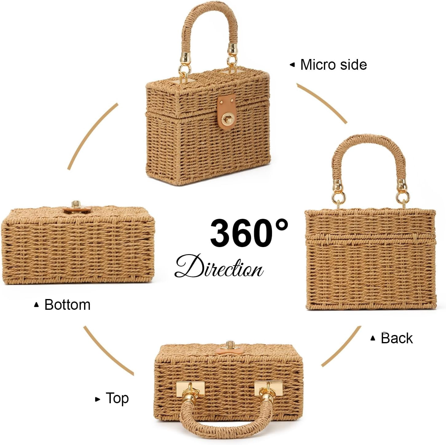Handwoven Rattan Bag for Women Woven Straw Square Crossbody Bag Vintage Basket Purse Beach Tote Bag