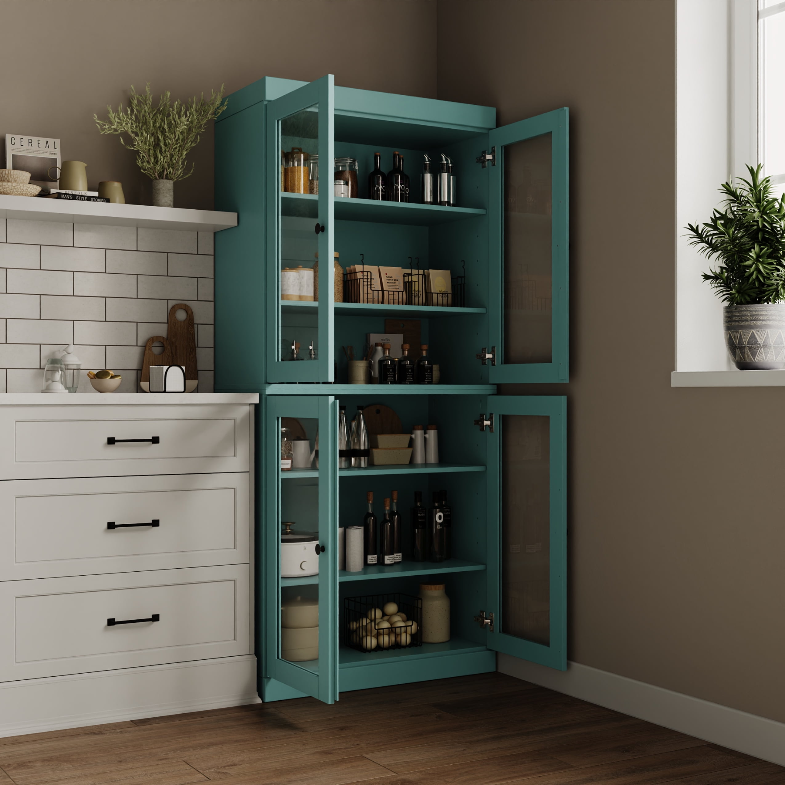Palace Imports 100% Solid Wood Kitchen Pantry Storage Cabinet with Glass Doors and Adjustable Shelves, Aqua Blue