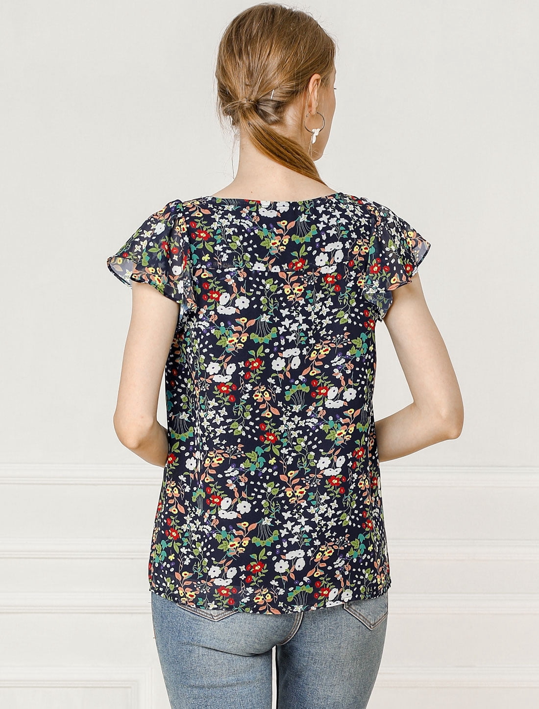 DARING DIVA Square Neck Ruffle Sleeve Chiffon Blouses 2XL Navy Blue