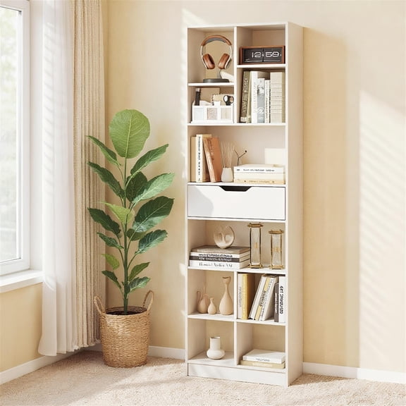 Spaco White 71 Inch Tall Freestanding Bookcase with Drawer, 10-Cube Organizer & Anti-Tip Design for Home Office