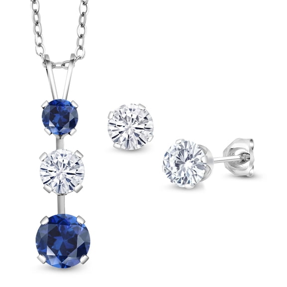 Gem Stone King 925 Sterling Silver Blue Created Sapphire and White Moissanite Pendant and Earrings Jewelry Set for Women (2.75 Cttw, Gemstone September Birthstone, with 18 inch Chain)