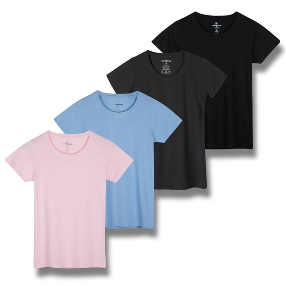Real Essentials Women's Classic-Fit Cotton Short-Sleeve Scoop Crew Neck T-Shirt, Available in Plus Size, 100% Cotton, 4 Pack