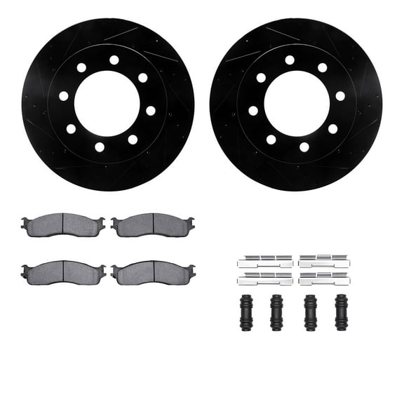 Dynamic Friction Company Front Brake Rotors-Drilled and Slotted-Black with Ultimate Duty Performance Brake Pads includes Hardware 8412-40016