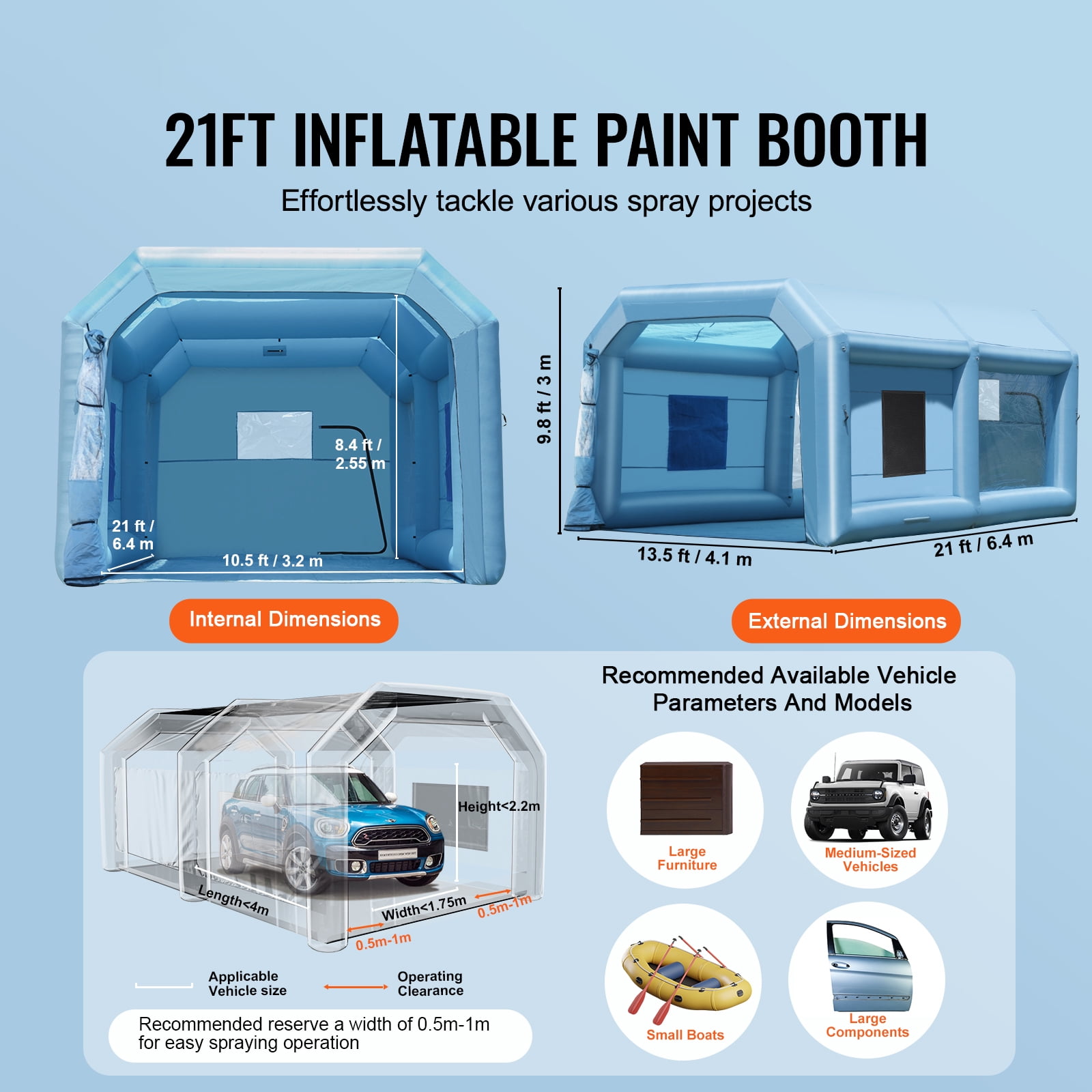 KFFKFF Inflatable Paint Booth, 21x13.5x9.8 ft, Includes 1100W Blower & Filtration System, Ideal for Mid-Size Vehicles & Bulky Furniture