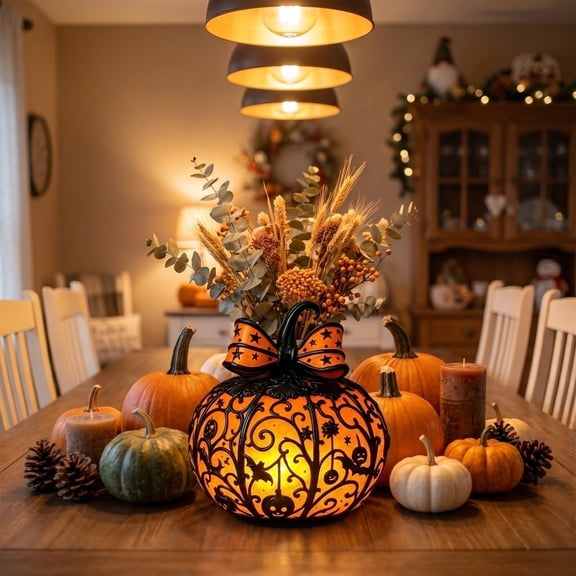Stained Glass Style Pumpkin Lamp, Halloween Decoration Resin Jack O Lantern Pumpkin Night Light for Home Indoor Holiday Party Ornament