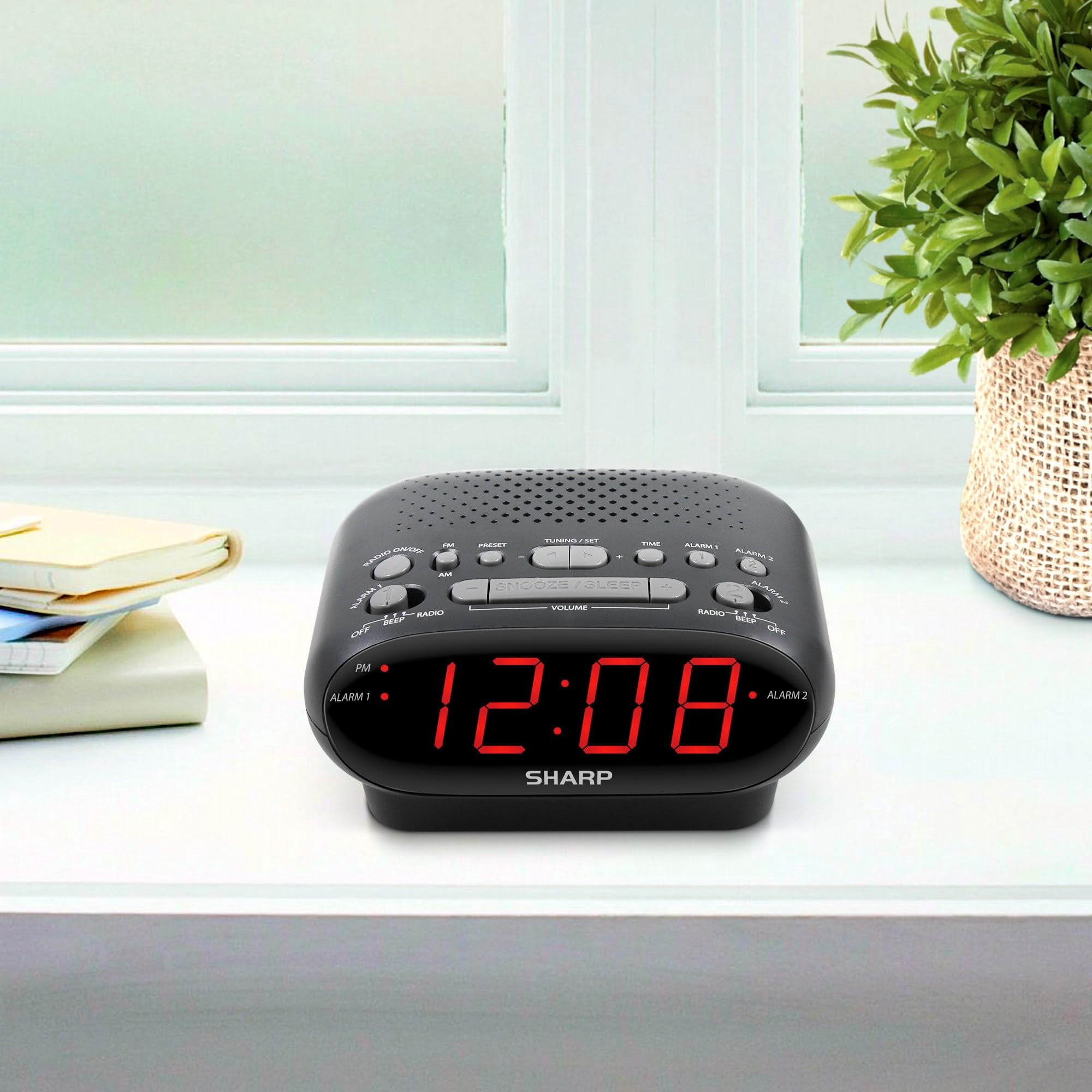 Sharp AM/FM Dual Alarm Clock Radio, 2-7/16"H x 4-5/16"W x 5-1/2"D, Black