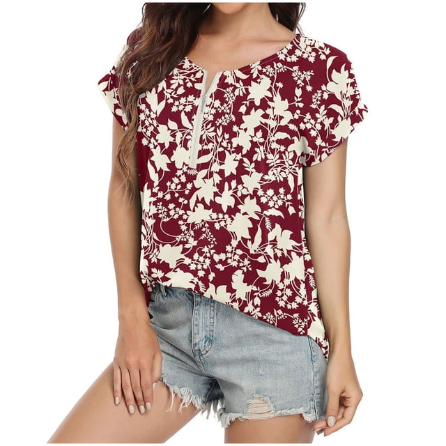 Pompotops T-shirt Décontracté pour Femmes Imprimé Manches Courtes Fermeture Éclair Pull Blouse Tops