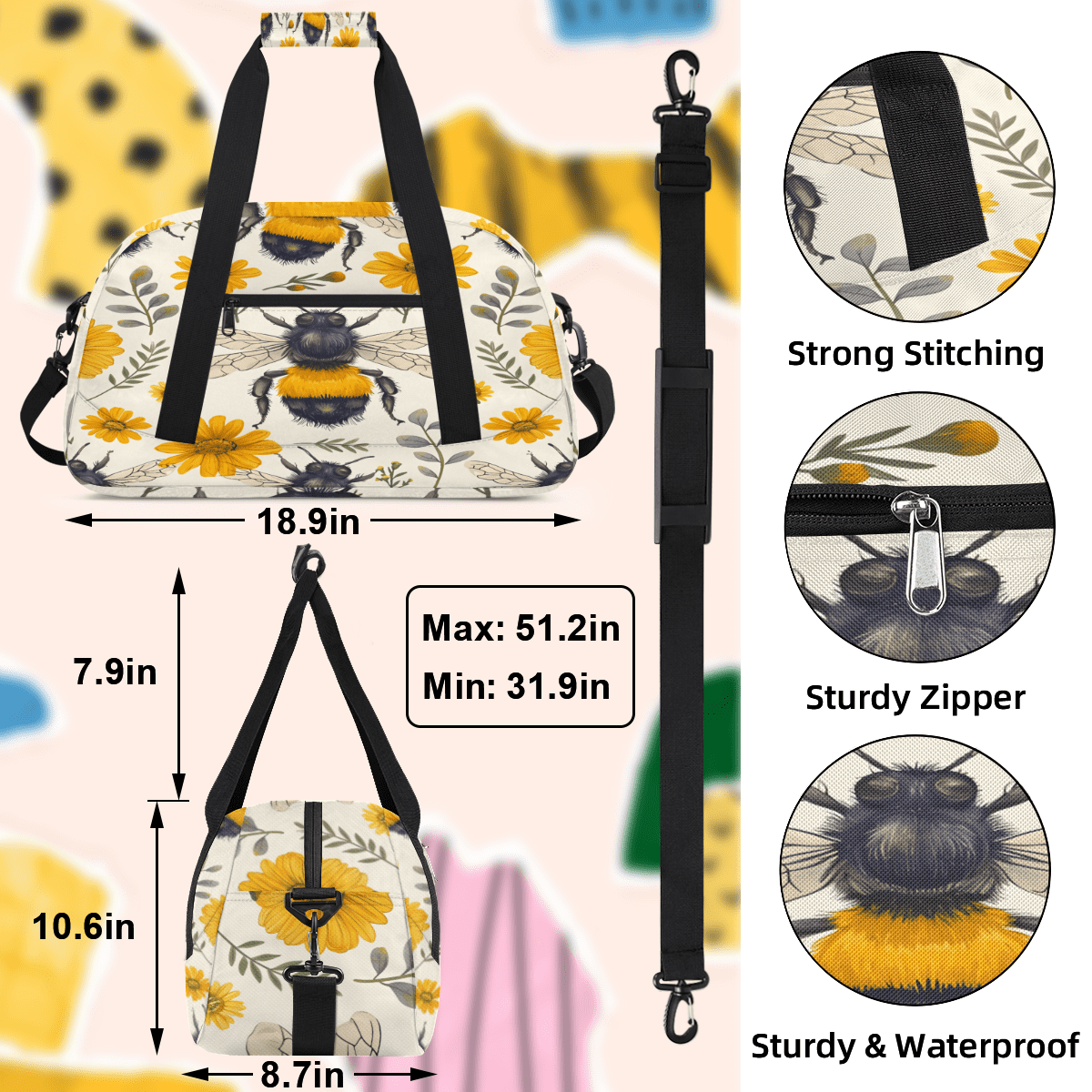 Herdesigns Cute Bee Sports Duffle Bag for Women & Men, Floral Bee Gym Bag Dance Bag Overnight Bag Carry On Weekender Travel Bag