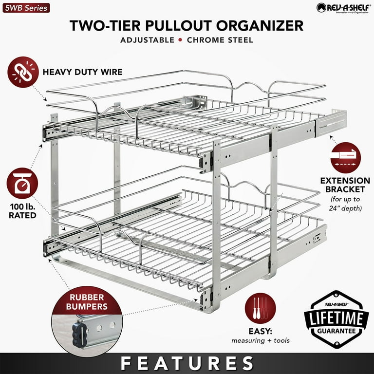 Rev-A-Shelf 11-3/4 Inch Width Kitchen Cabinet Pull-Out 2 Tier Wire Basket,  Chrome, Min. Cabinet Opening: 11-1/2 W x 18-1/8 D x 19-1/8 H  5WB2-1218CR-1