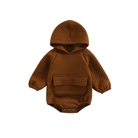 

MissiMae Baby Fall Winter Hooded Romper Casual Long Sleeve Solid Color Front Pocket Bodysuit 0-24M