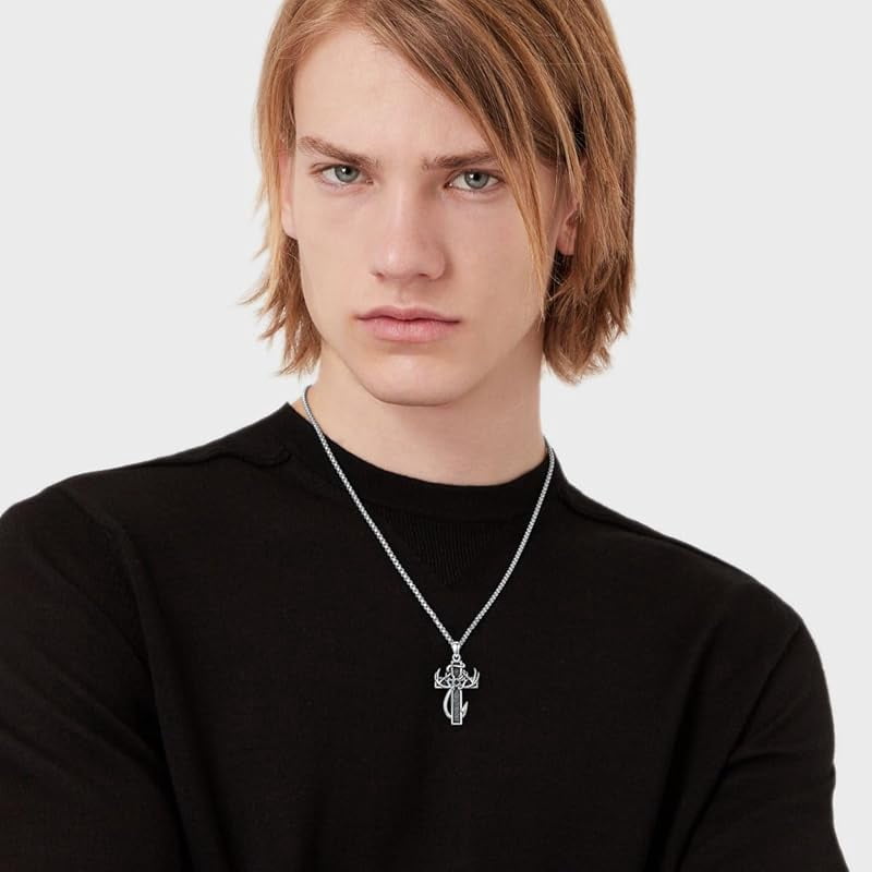 Cross Urn Necklace for Ashes Fish Hook Antler Cremation Pendant 925 Sterling Silver Nail Cross Memorial Jewelry Engraving Name Keepsake Gifts for Men Dad Husband