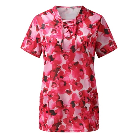 

Summer Women Scrubs Top Nurses Clothing Working Uniform Top Care Workwears Short Sleeve V-Neck Flower Printed Top Nursed T-Shirts
