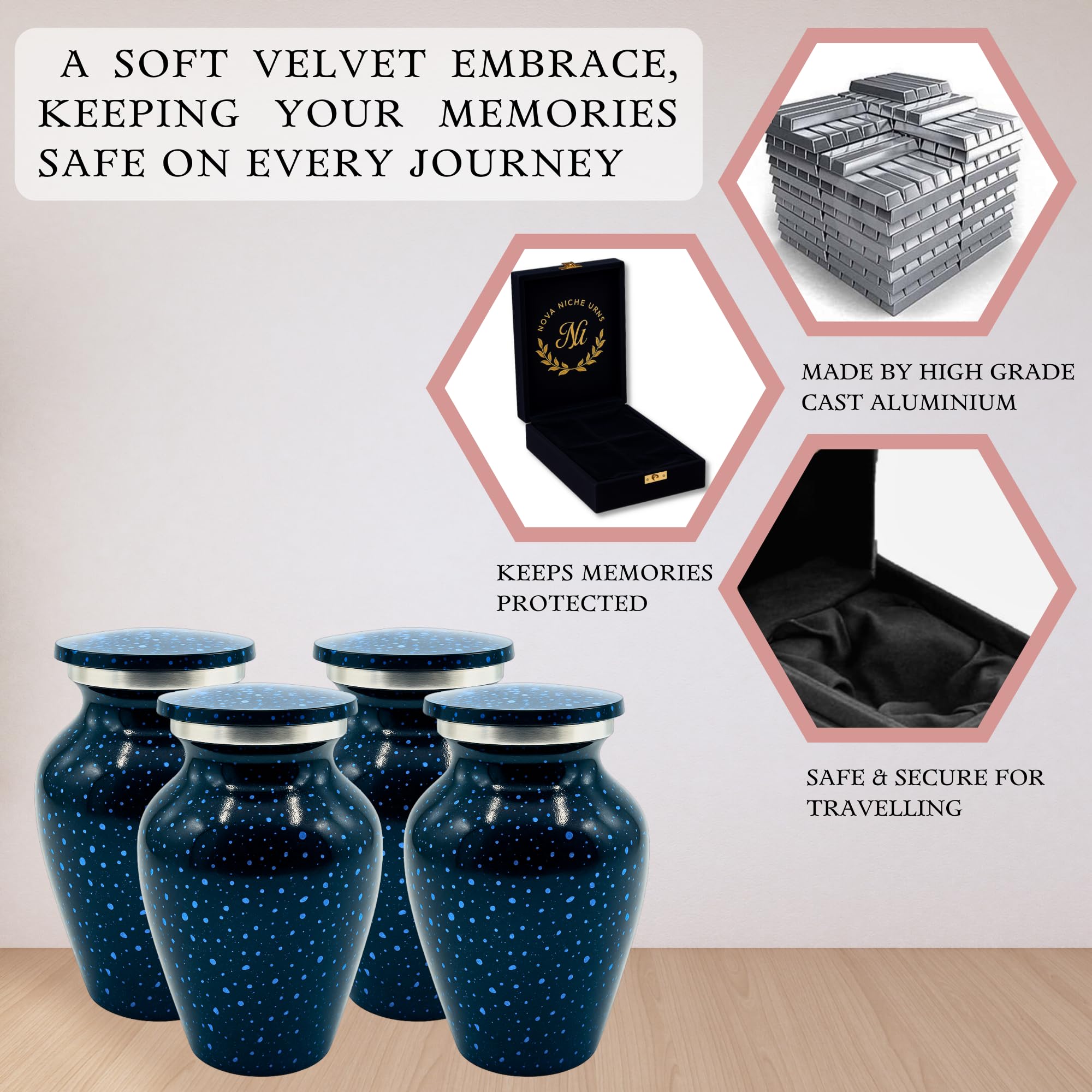 Nova Niche Urns Small Size Cremation Urn for Human Ashes, Mini Keepsake Set of 4 Black and Blue with Velvet Case