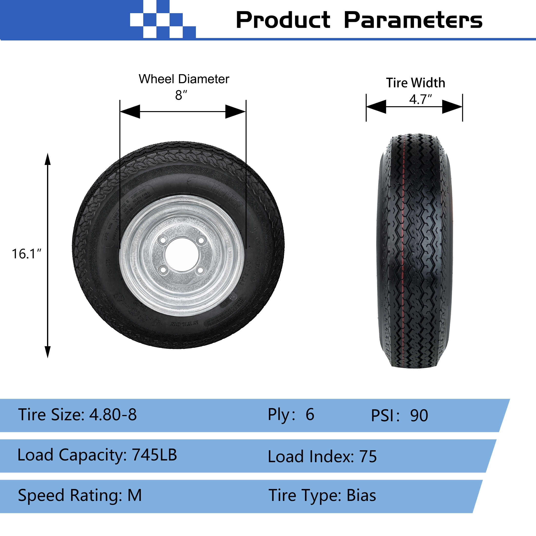 Hi-Run 2 Set SU01 4.80-8 6PR Boat Trailer Tire and 4-Lug Galvanized Wheel Assembly