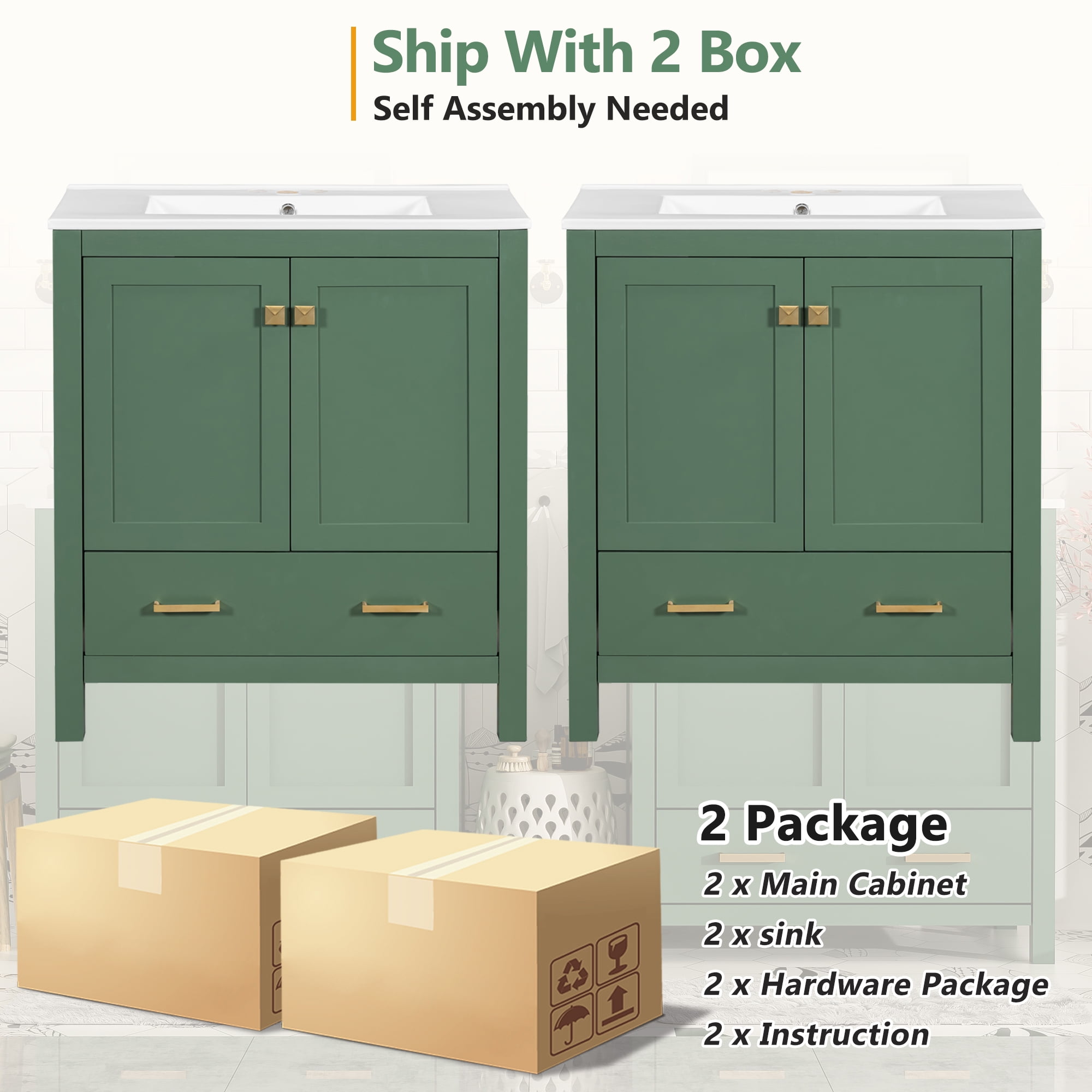 MODERNLUXE 60" Bathroom Vanity Set with Double Sink(Separate),2 Bathroom Vanities with Sink,Storage Shelf and Divided Drawers,Bathroom Storage Cabinet Without Mirror,Green