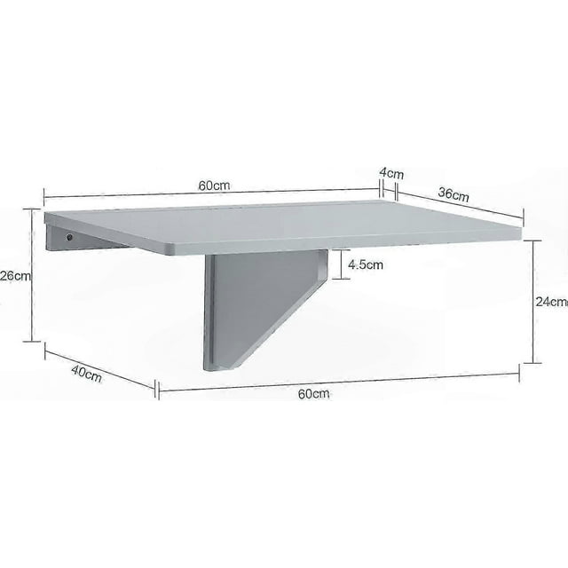 compact foldable wall table, space-saving drop-leaf design for kitchen, bar, office, mini size ideal for small rooms — vista frontal de mueble plegable de MDF con acabado gris lacquer, tablero abatible montado en pared y soporte triangular desplegado; bordes redondeados y dimensiones W60 x D40 x H26 cm visibles, capacidad 50 kg; a menudo usado como superficie de trabajo compacta o barra pequeña.