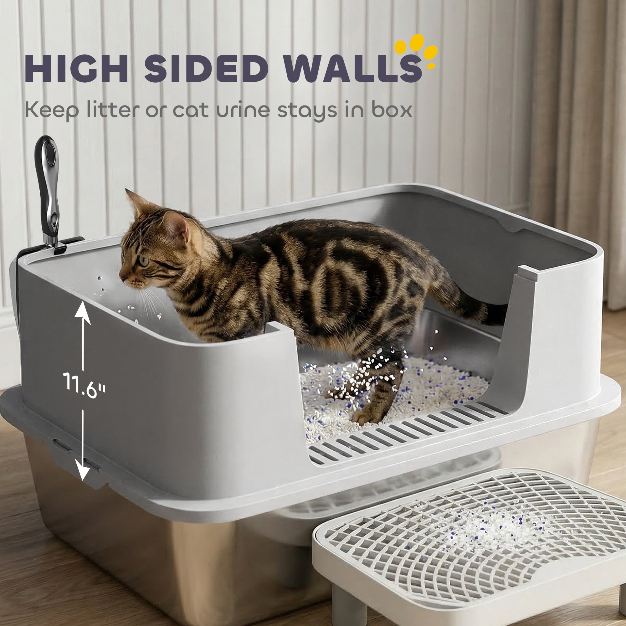 PawHut Stainless Steel Litter Box with High Sides, Extra Large Metal Cat Litter Box with Scoop, Pedal, Gray