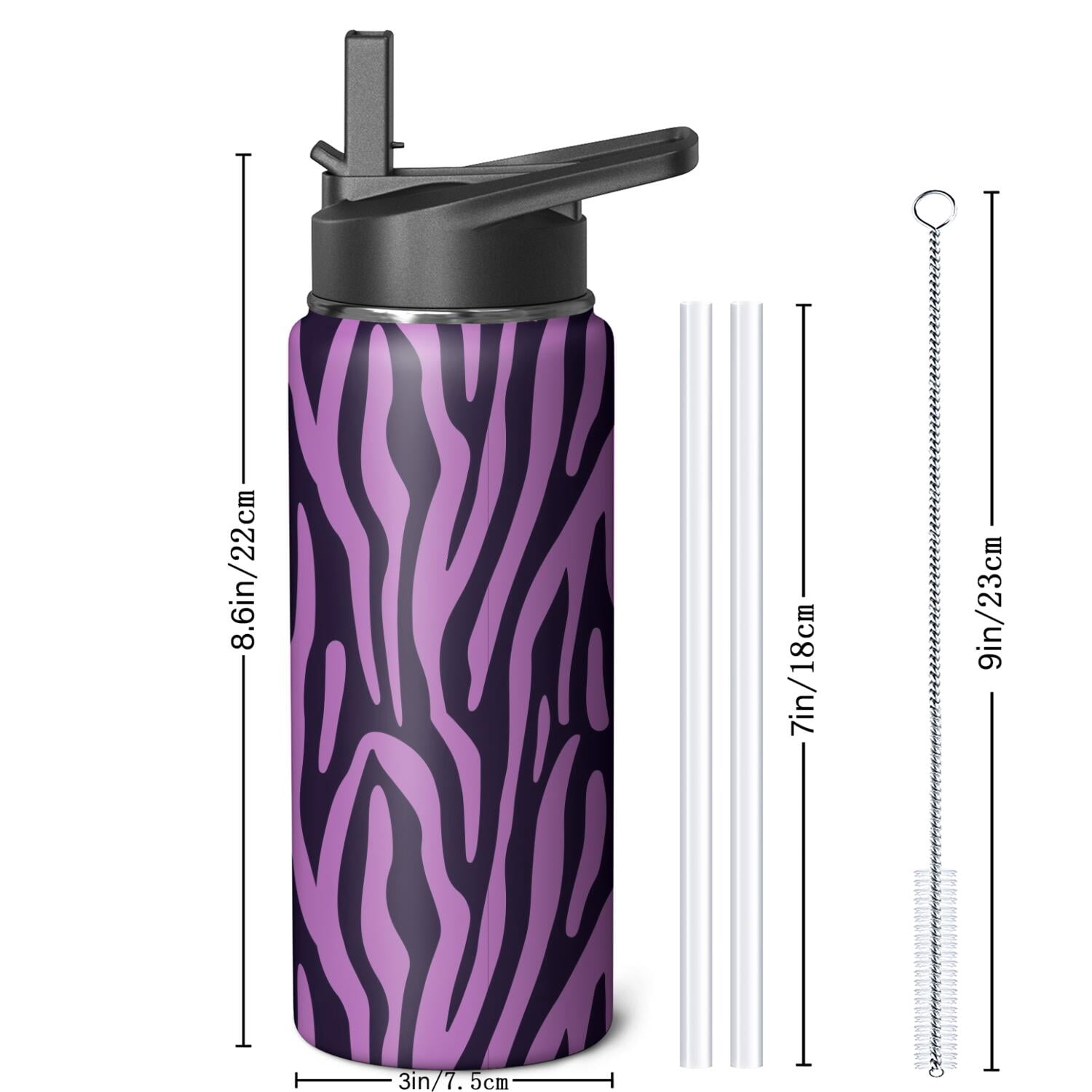 Leopard Print Insulated Stainless Steel Water Bottle with Straw & Cleaning Brush – 18 Oz | Leakproof, BPA-Free, 304 Stainless Steel, Wide Mouth, Travel Mug for Car, Gym, Office