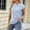 Blue, variant on Basic Shirts for Women 2024 Loose Summer Solid Lace V-neck Bubble Short Sleeve Solid T-shirt Top